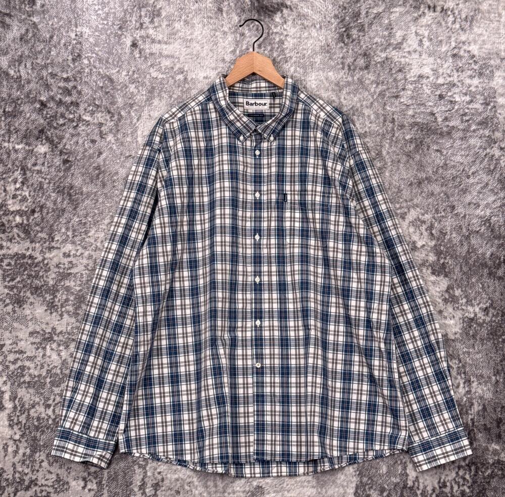 Barbour Shirt XXL Mens Tailored Fit Oxford Blue Plaid Long Sleeve Button Down